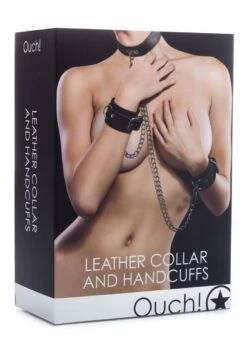 Ouch Leather Collar And Handcuffs - Black